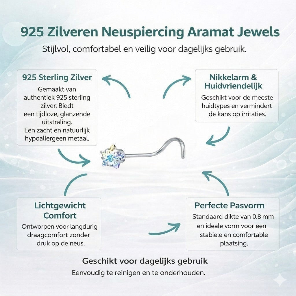 Aramat Jewels stalen neuspiercing met AB transparante zirkonia en S-bocht staafje voor een stijlvolle look.
