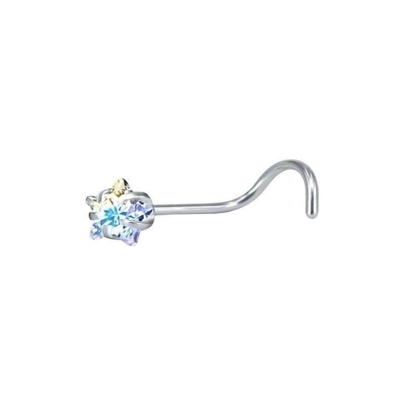 Aramat Jewels stalen neuspiercing met een sprankelend AB transparant zirkonia steentje in een S-bocht model.