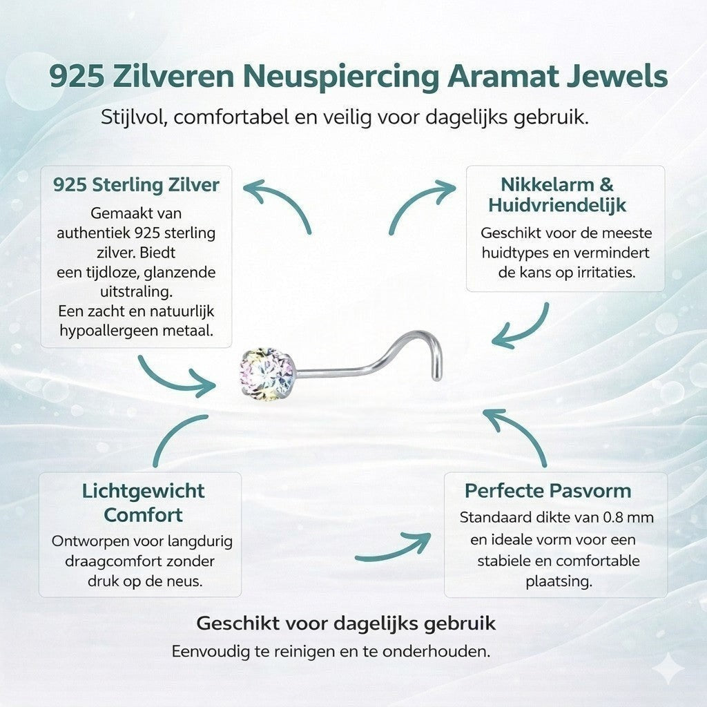 Aramat Jewels stalen neuspiercing met een schitterend AB transparant zirkonia steentje en een handig S-bocht staafje.