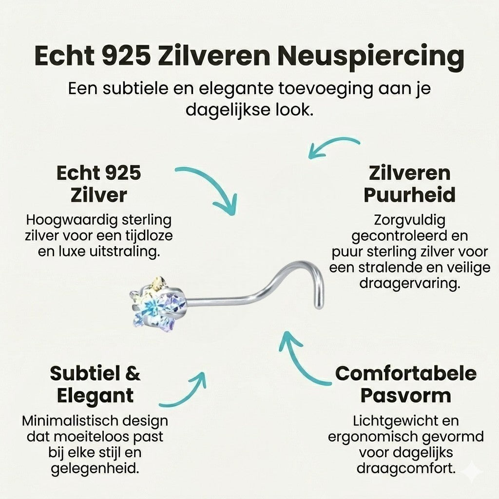 Aramat Jewels stalen neuspiercing met een schitterend AB transparant zirkonia steentje en een handig S-bocht staafje.