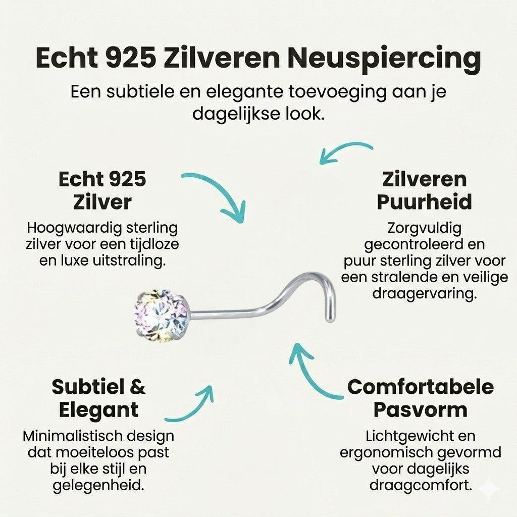 Aramat Jewels stalen neuspiercing met een schitterend AB transparant zirkonia steentje en een handig S-bocht staafje.