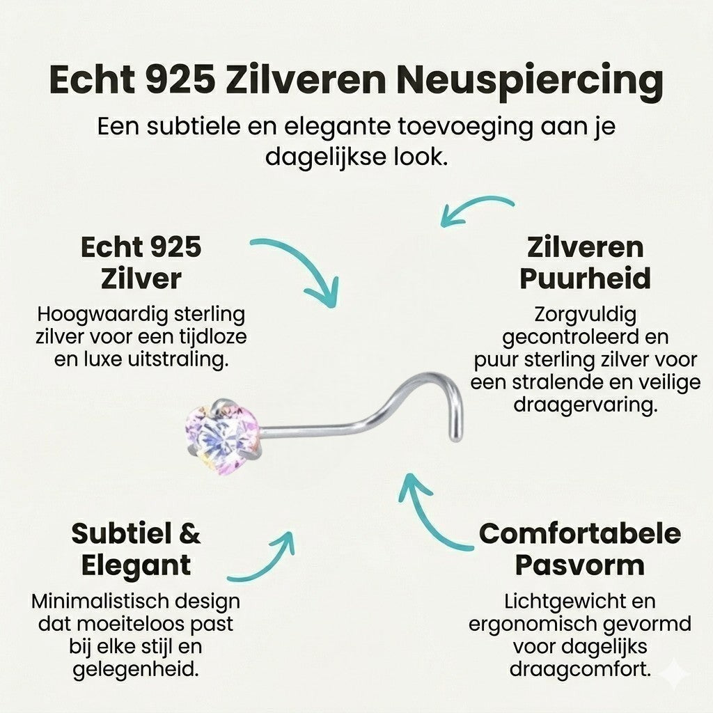 Aramat Jewels stalen neuspiercing met hartvormig AB transparant zirkonia steentje en S-bocht staafje.