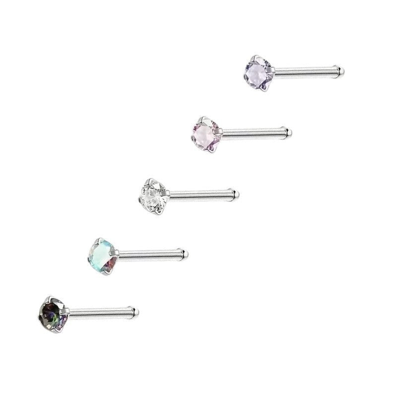 Aramat Jewels neuspiercing set met 2mm ronde zirkonia steentjes in diverse kleuren op een recht staafje van staal