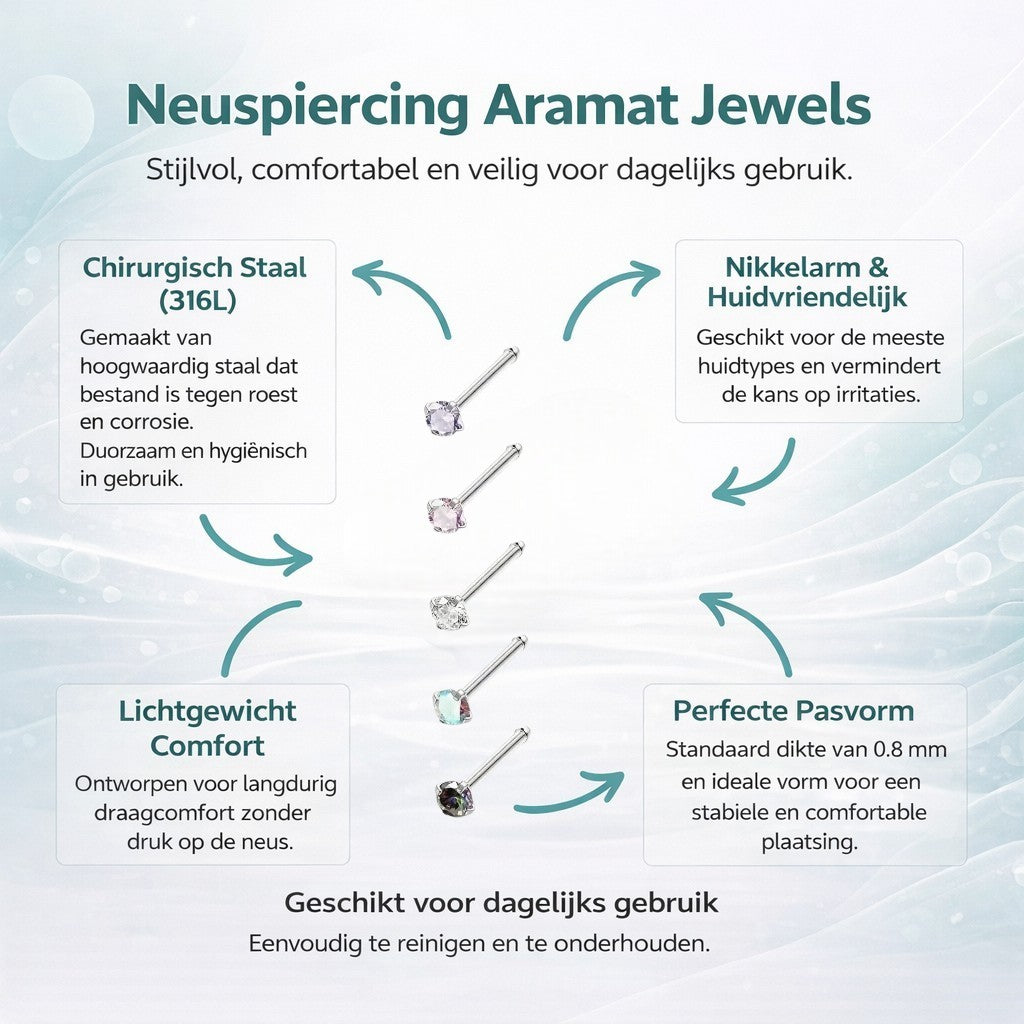 Aramat Jewels neuspiercing set met 2mm ronde zirkonia steentjes in diverse kleuren op rechte staafjes van chirurgisch staal
