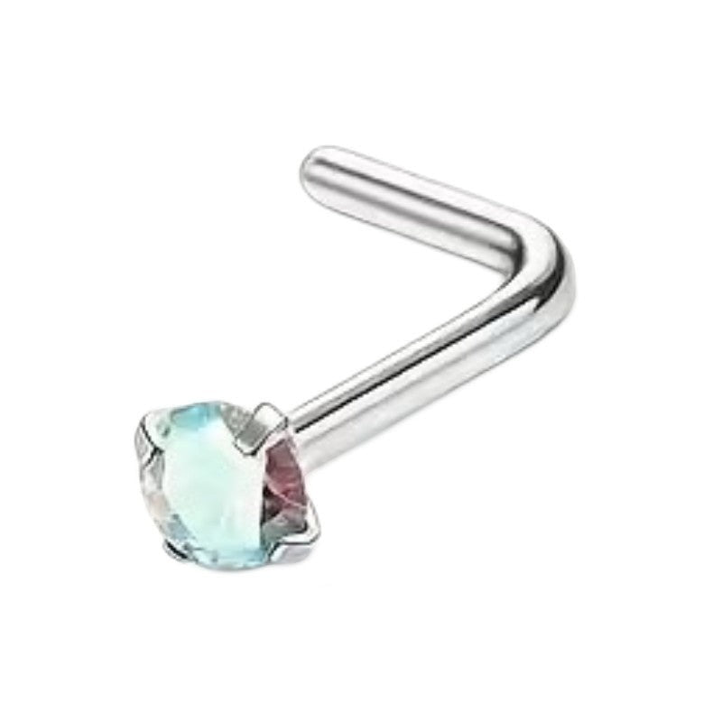 Aramat Jewels neuspiercing van chirurgisch staal met een ronde 2mm zirkonia steen in een subtiele kleur.