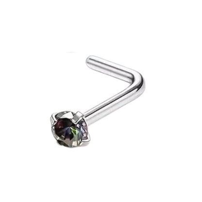 Aramat Jewels stalen neuspiercing met L-staafje en een fonkelende 2mm ronde zirkonia steen in AB-kleur.
