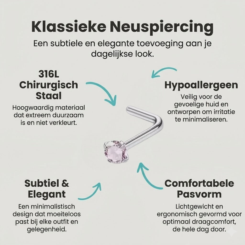 Aramat Jewels stalen neuspiercing met L-vormig staafje en een subtiele ronde zirkonia steen van 2mm.