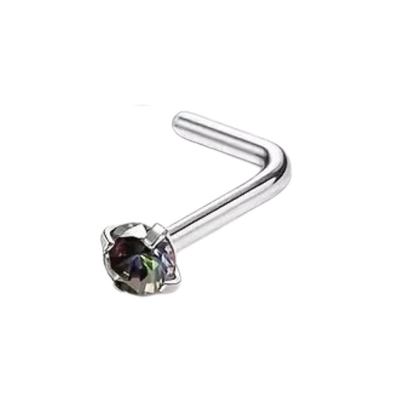 Aramat Jewels neuspiercing van chirurgisch staal met een ronde 2mm zirkonia steen in een subtiele AB kleur.