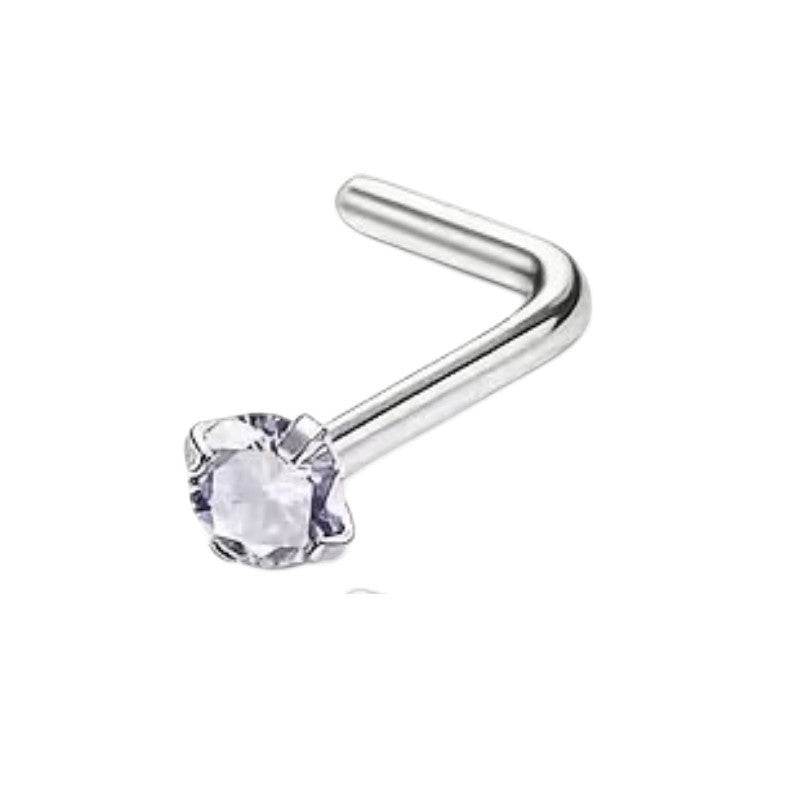 Aramat Jewels stalen neuspiercing met L-staafje en een fonkelende 2mm ronde zirkonia steen.