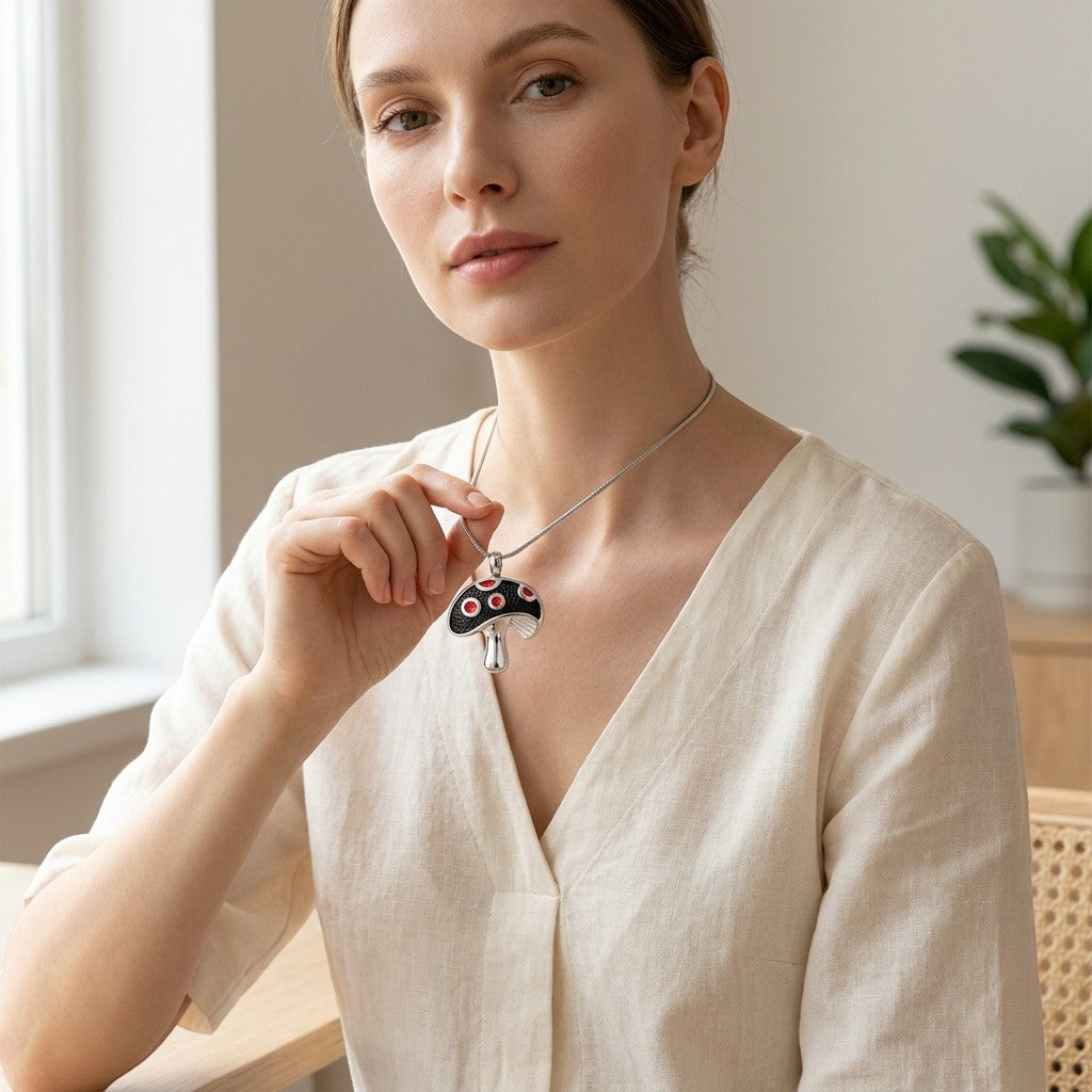Aramat Jewels stalen paddenstoel ashanger met rode emaille stippen, symbool van leven en troost.