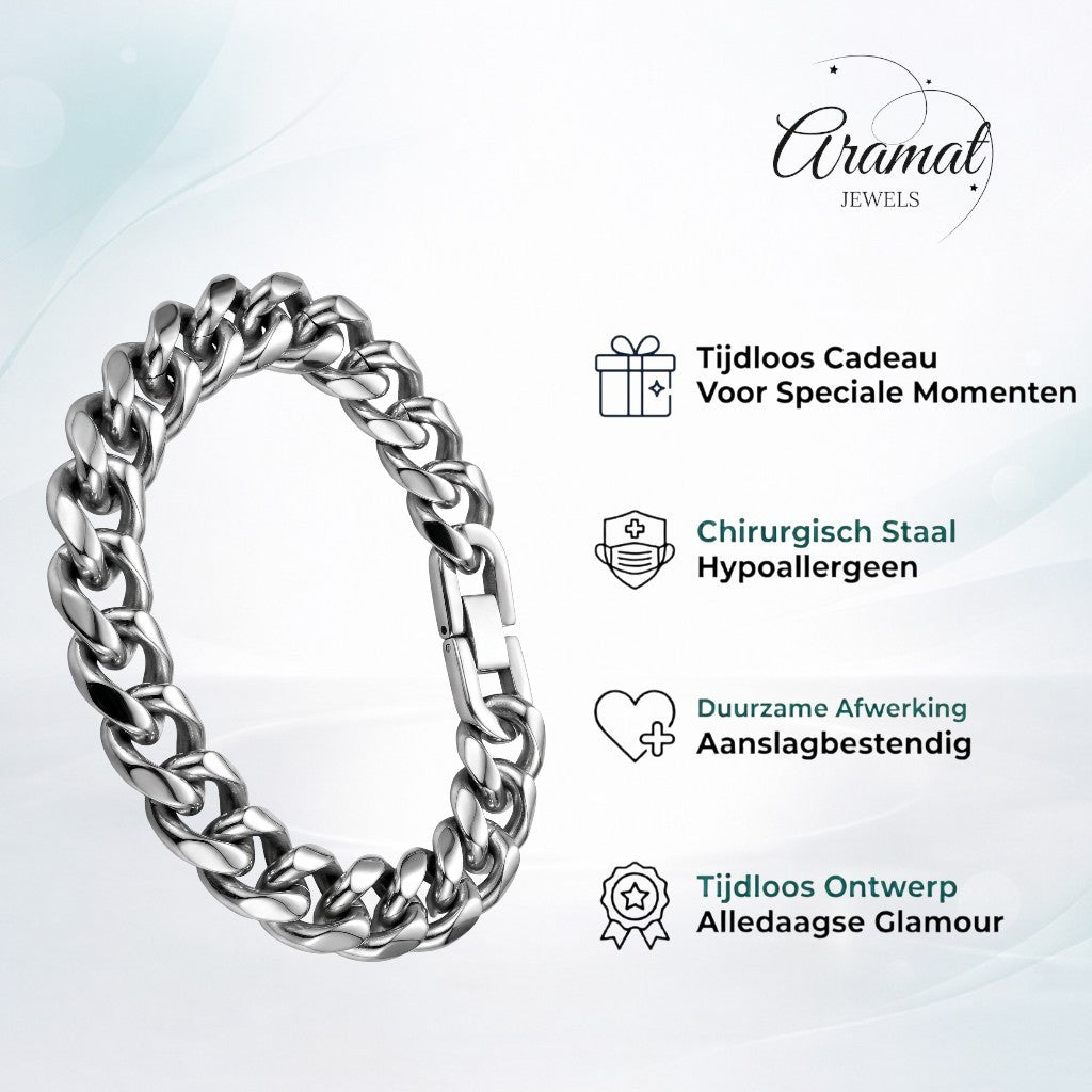 Aramat Jewels zilverkleurige stalen gourmet schakelarmband voor heren, 21cm lang en 12mm breed.