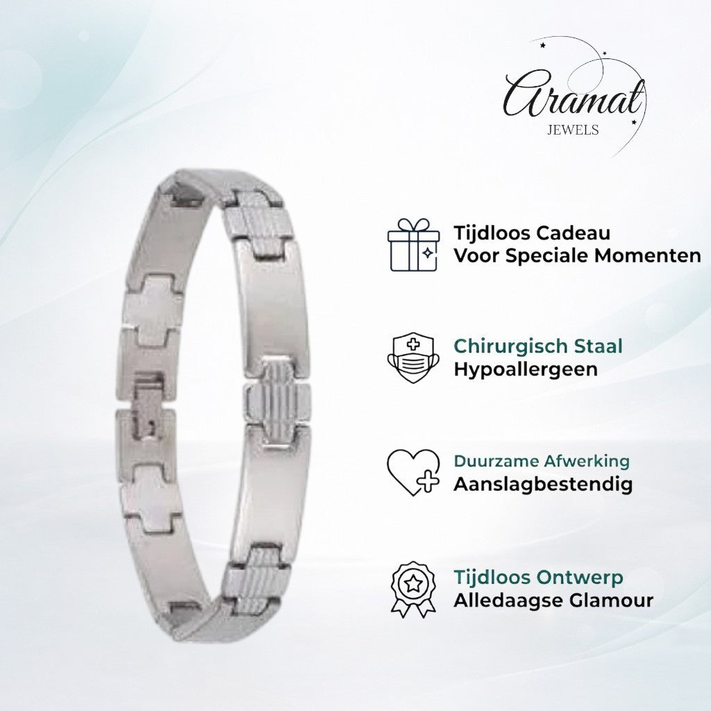 Aramat Jewels zilverkleurige stalen schakelarmband voor heren met gepolijste strepen en matte details, 21 cm lang.