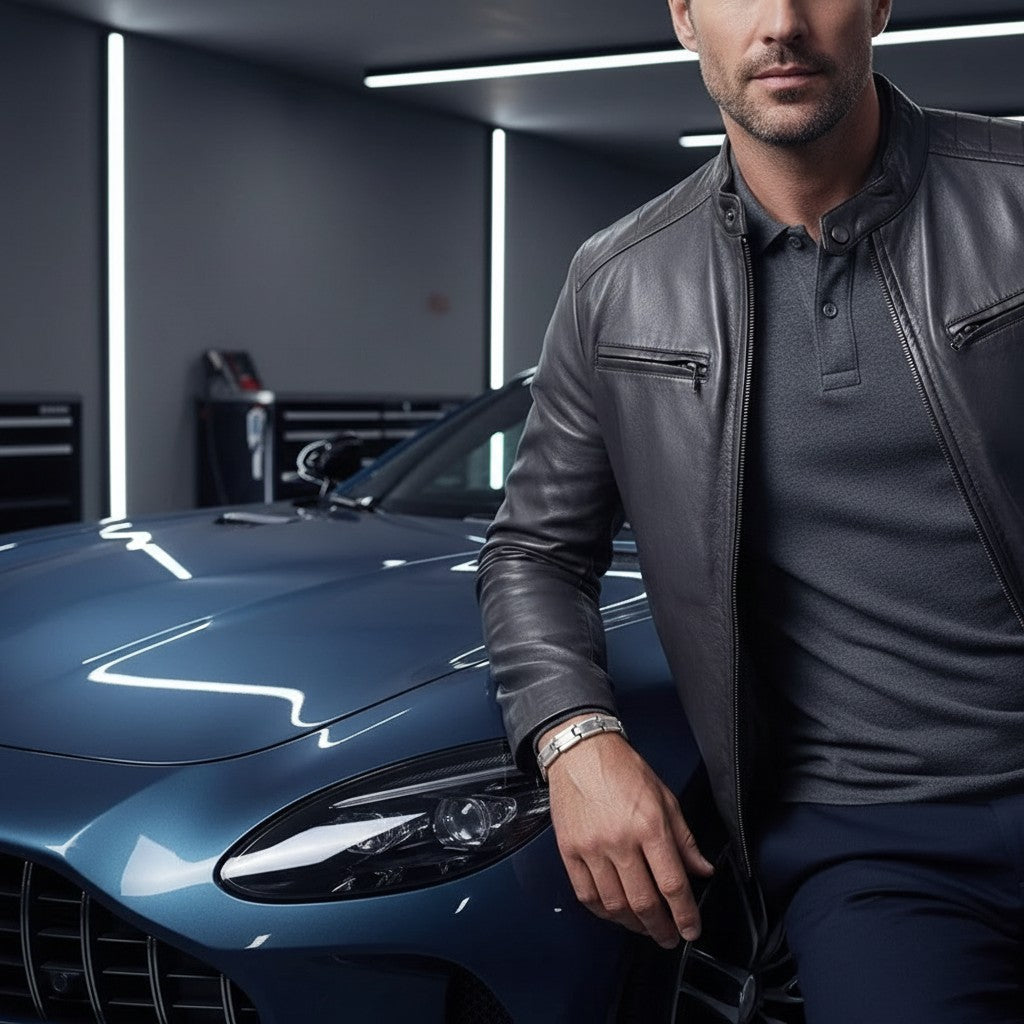 Man met Aramat Jewels stalen schakelarmband in zilverkleur, gedragen bij een leren jas en sportauto.