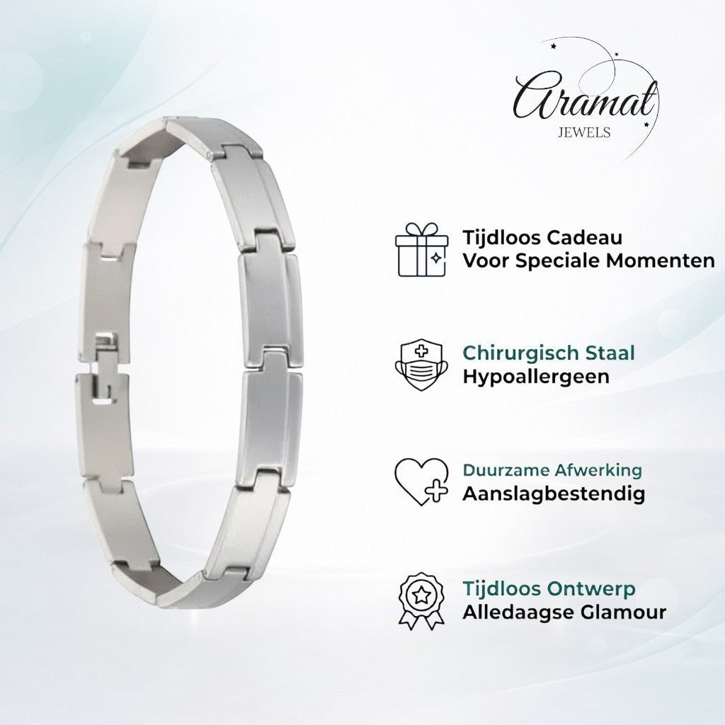 Aramat Jewels zilverkleurige stalen schakelarmband van 21 cm met een breedte van 10 mm en een stevige kliksluiting.