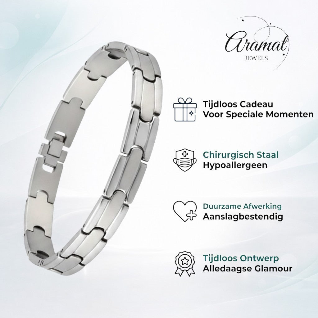 Zilverkleurige Aramat Jewels schakelarmband van 316L chirurgisch staal met een breedte van 9 mm en kliksluiting.