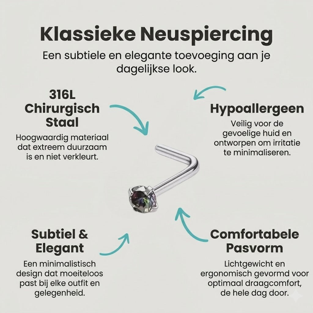 Aramat Jewels stalen neuspiercing met L-vormig staafje en vierkante zirkonia steen met regenboogkleurige AB glinstering.