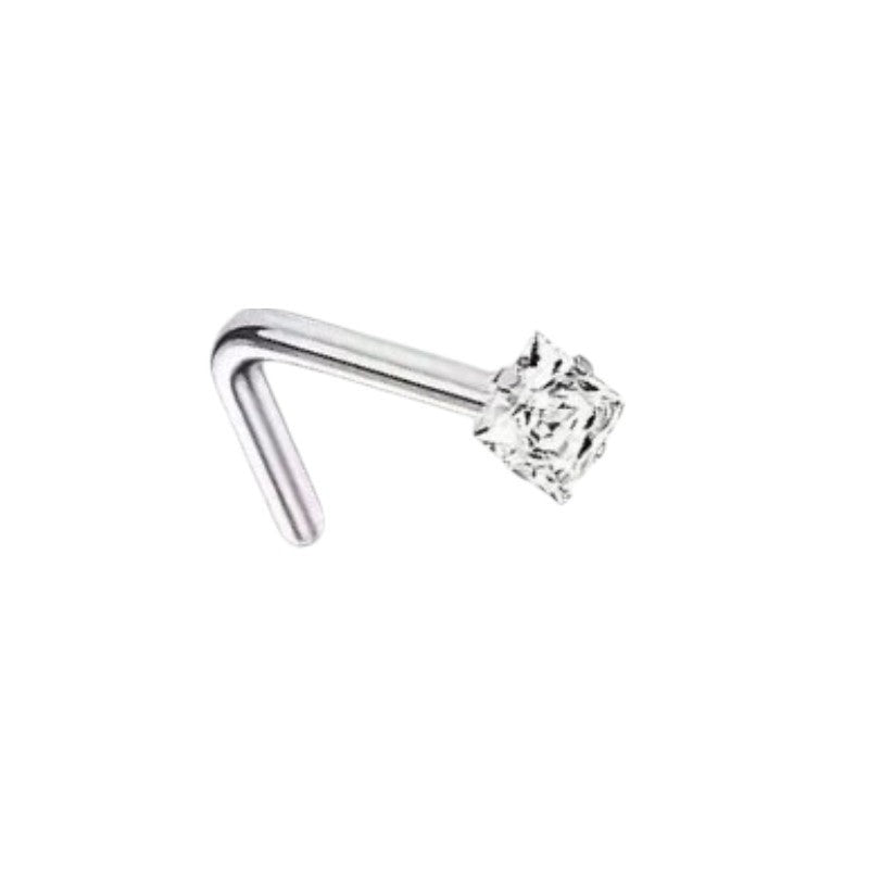 Aramat Jewels stalen neuspiercing met een vierkante transparante zirkonia van 2mm op een L-vormig staafje.