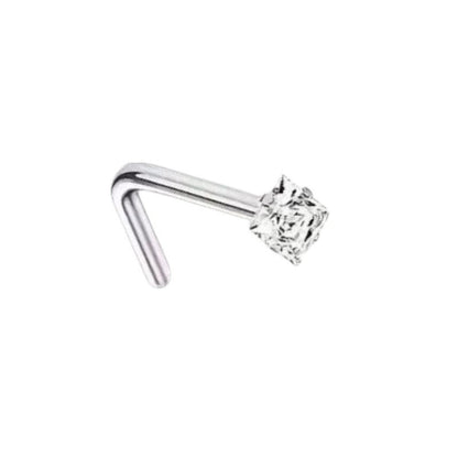 Aramat Jewels stalen neuspiercing met een vierkante transparante zirkonia van 2mm op een L-vormig staafje.