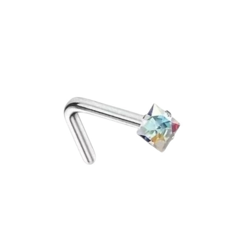 Aramat Jewels stalen neuspiercing met een vierkante 2mm zirkonia steen in een L-vormig staafje
