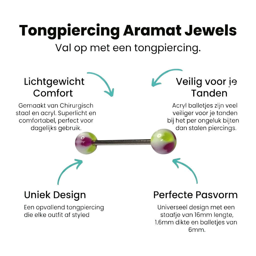 Aramat Jewels steel acrylic tongue piercing with purple, yellow, and white heart-shaped ends.