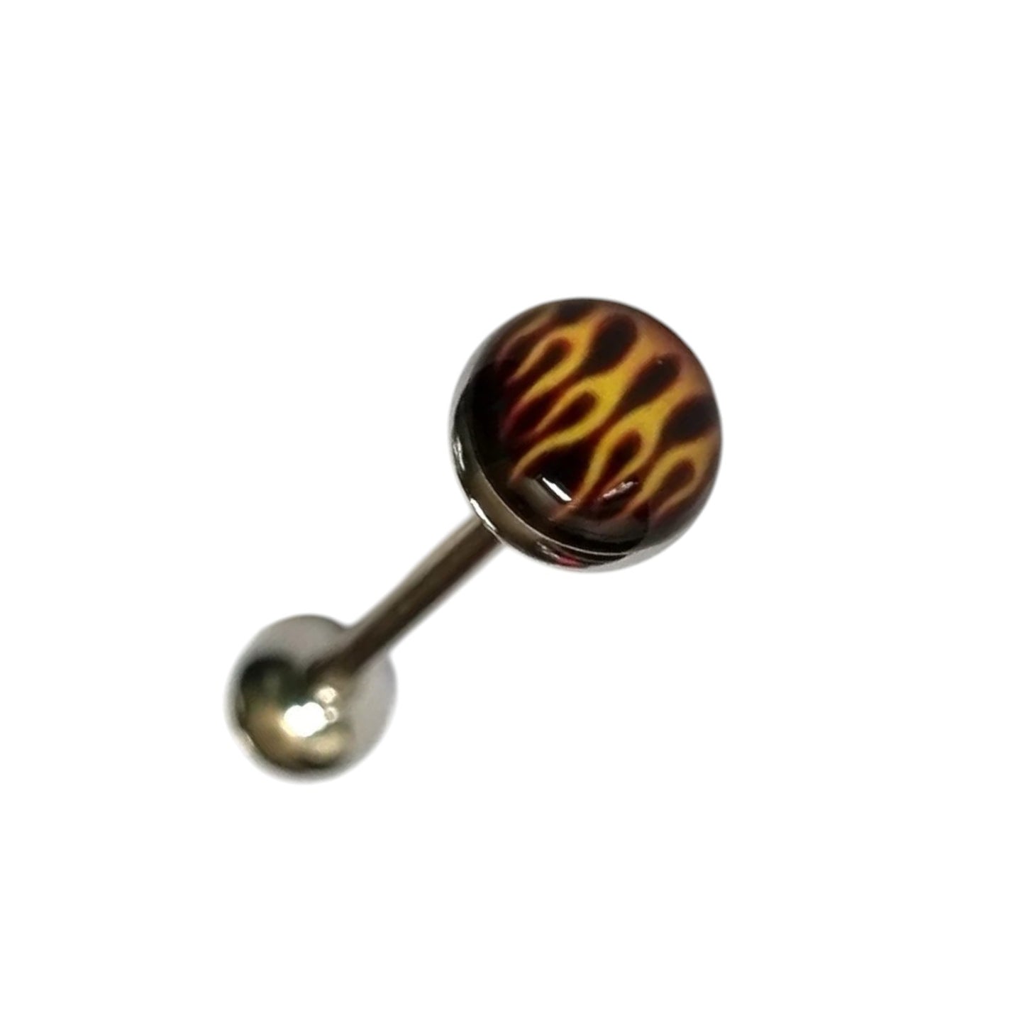 Aramat Jewels steel tongue piercing with a black and yellow flame design on the lower ball.