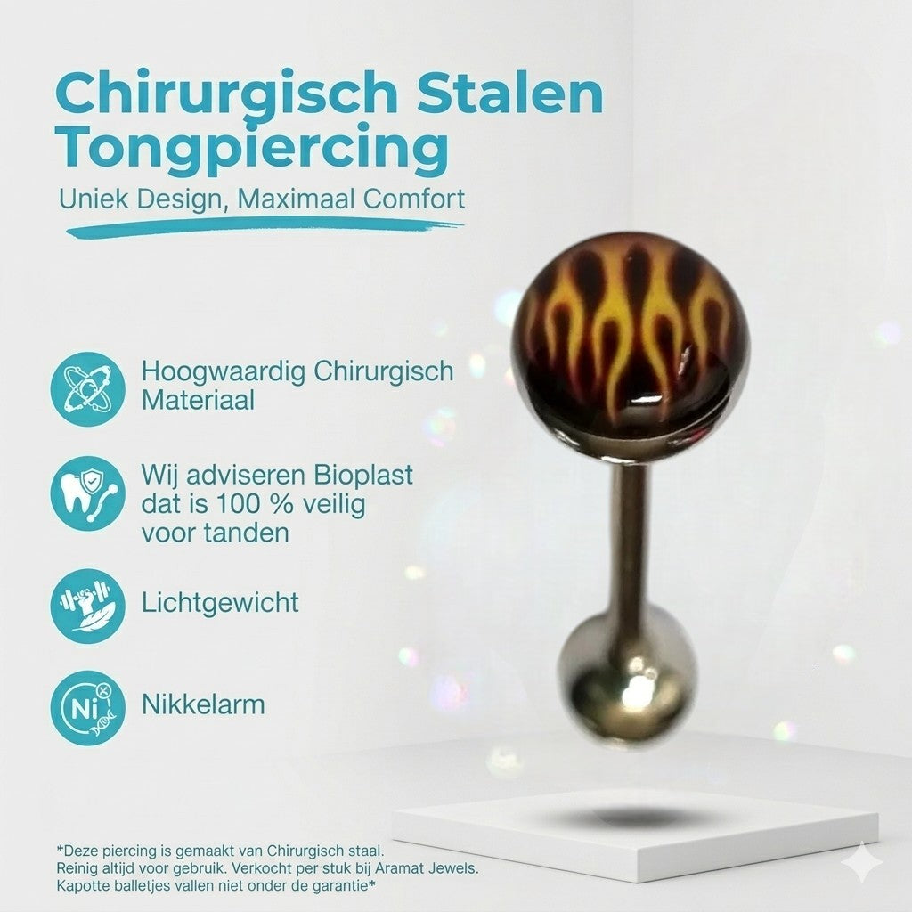 Aramat Jewels steel tongue piercing with a black and yellow flame design on the bottom ball.