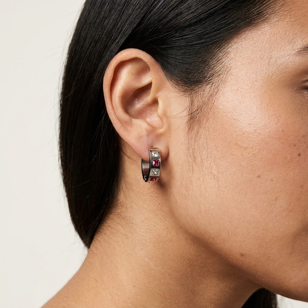Aramat Jewels silver-tone stainless steel hoop earrings with alternating pink and clear cubic zirconia stones, 17mm diameter.