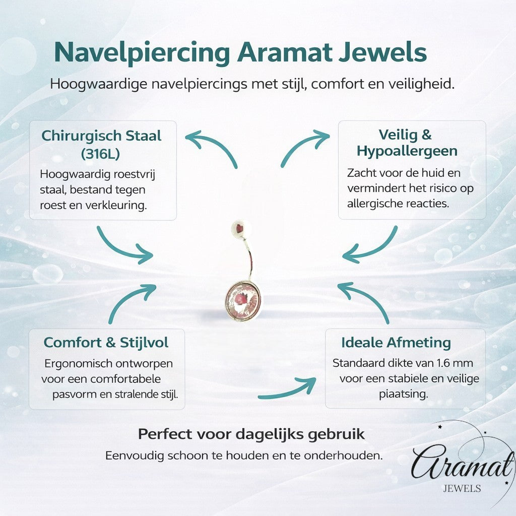 Aramat Jewels silver steel navel piercing with a clear, round crystal.
