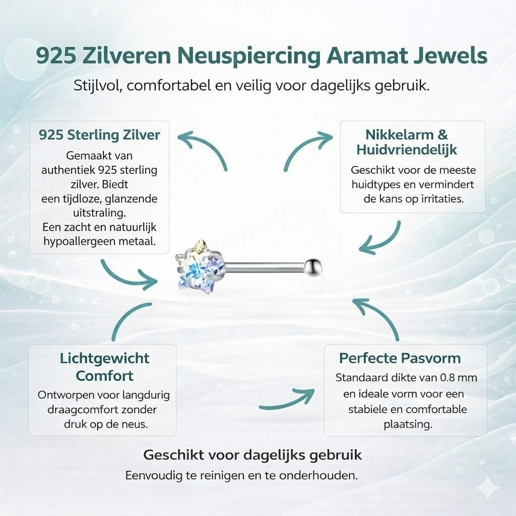 Aramat Jewels silver-tone steel nose piercing with a star-shaped AB clear cubic zirconia gem.