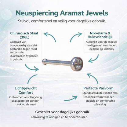 Aramat Jewels straight steel nose piercing with a 1.5mm clear crystal stud.