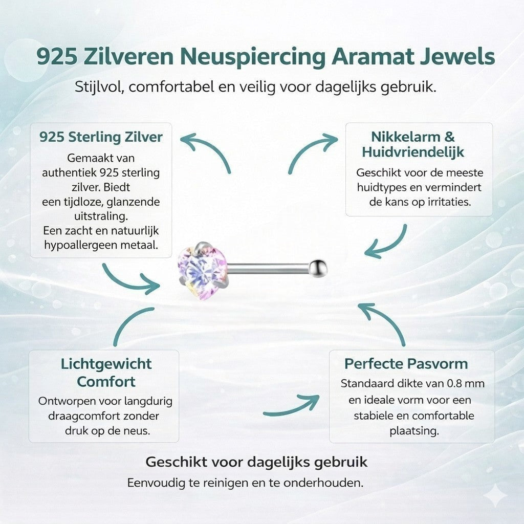 Aramat Jewels silver steel nose piercing with a heart-shaped AB clear cubic zirconia stone.