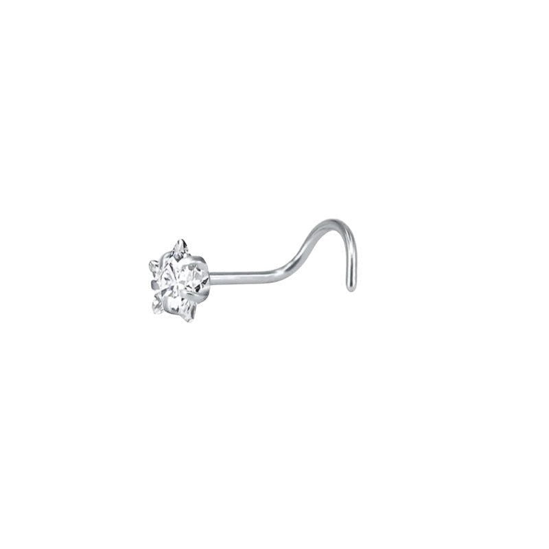 Aramat Jewels silver-tone steel nose studs with clear cubic zirconia in round, star, and heart shapes.