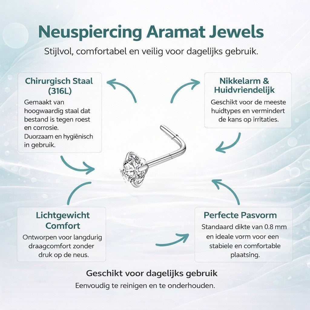 Aramat Jewels silver steel L-shaped nose piercing with a clear 2mm cubic zirconia stone.