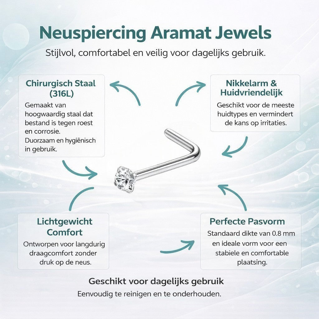 Aramat Jewels silver steel L-shaped nose piercing with a clear cubic zirconia stone.