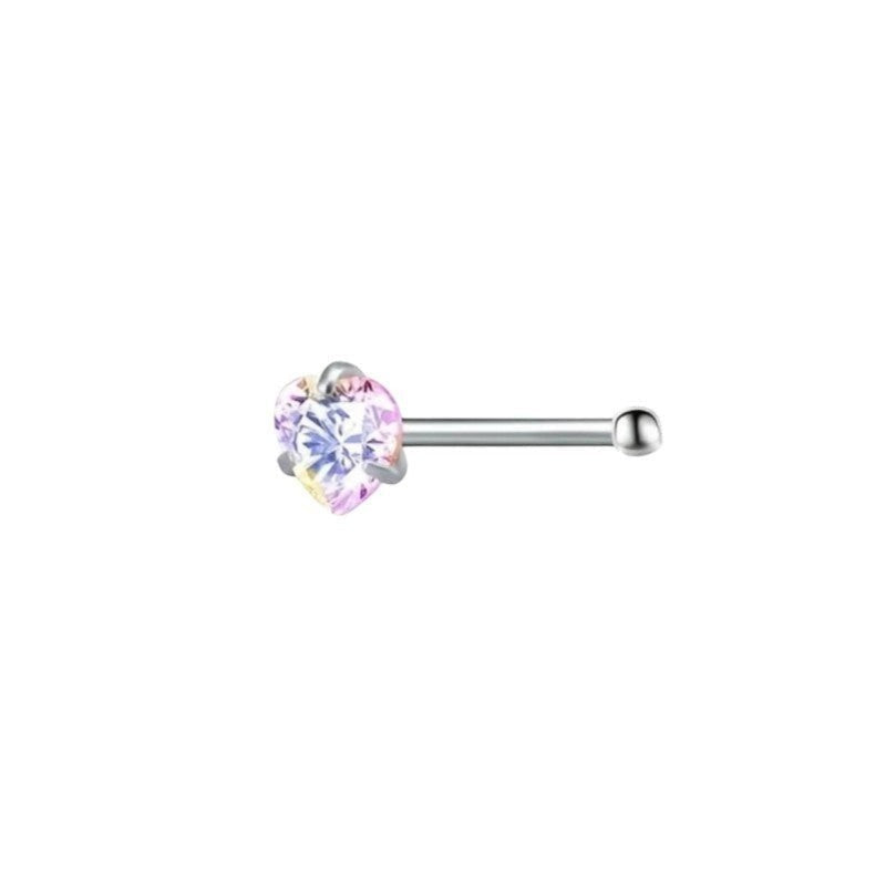 Aramat Jewels silver steel nose piercings with AB clear cubic zirconia in round, star, and heart shapes.