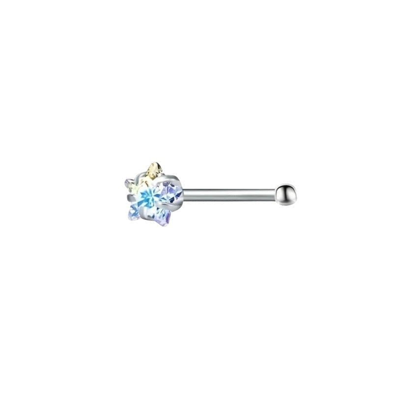 Aramat Jewels silver steel nose piercings with AB clear cubic zirconia in round, star, and heart shapes.