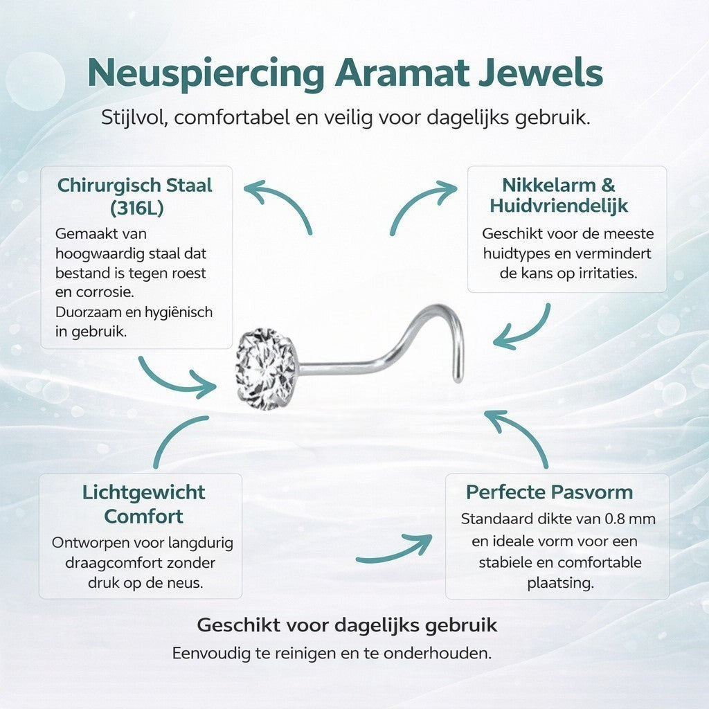 Aramat Jewels silver-colored steel nose piercing with a clear cubic zirconia stone and an S-shaped post.