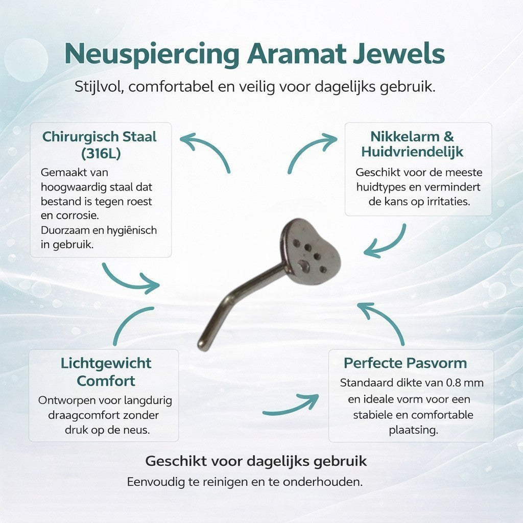Aramat Jewels silver-tone steel L-shaped nose stud with a heart-shaped end featuring paw print details.