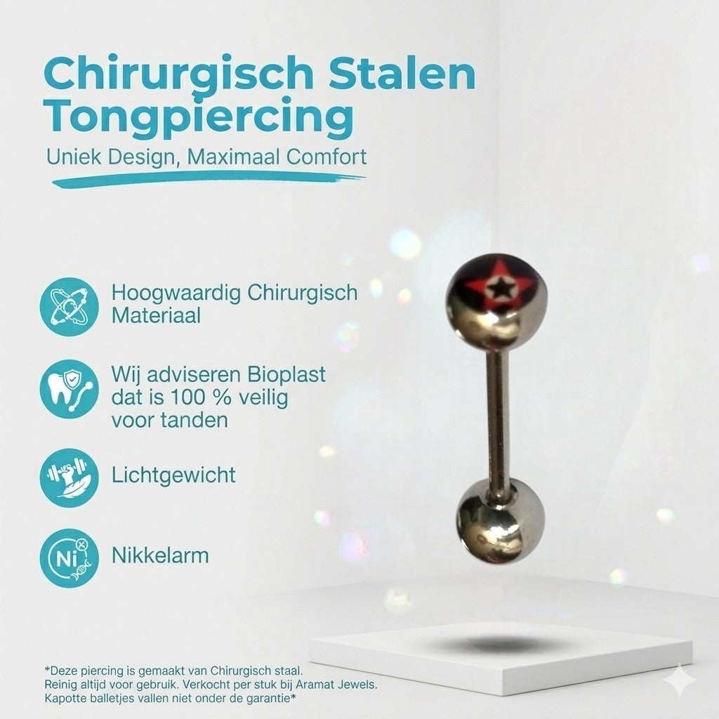 Aramat Jewels silver steel tongue piercing with a black, red, and white star logo on one ball.