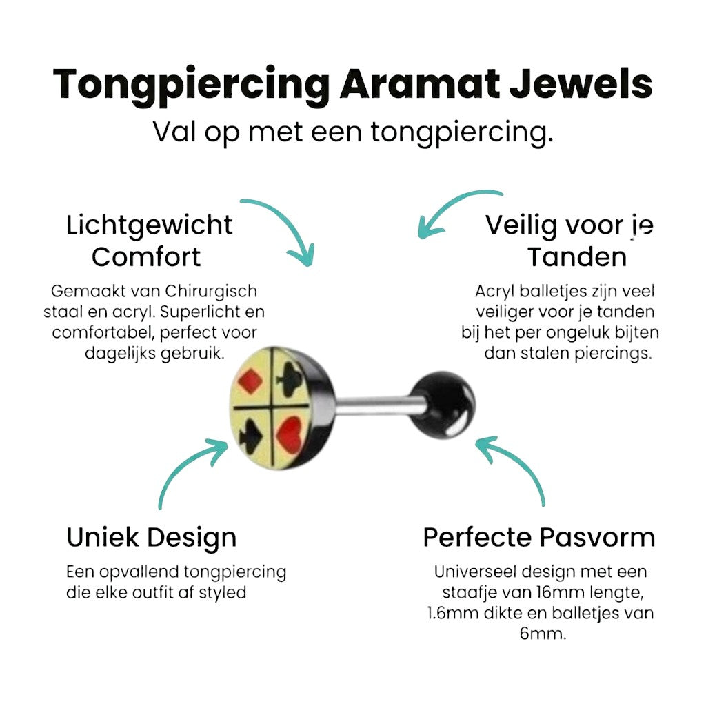Aramat Jewels steel tongue piercing with card symbols: spade, heart, diamond, spade. Silver, yellow, black, and red.