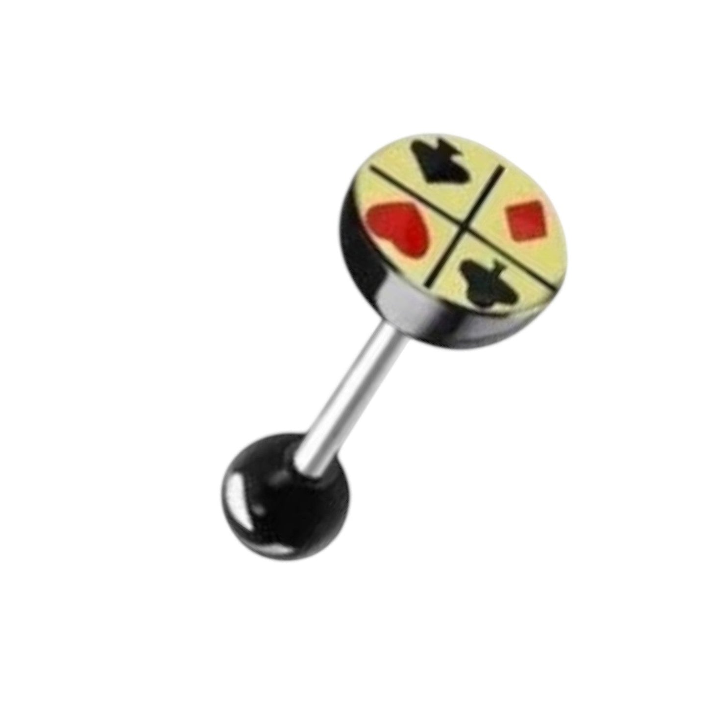 Aramat Jewels steel tongue piercing with card symbols: spade, club, heart, and diamond. Black acrylic balls.