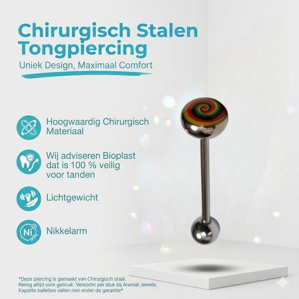 Aramat Jewels steel tongue piercing with a colorful yellow, red, and blue swirl logo on the top ball.
