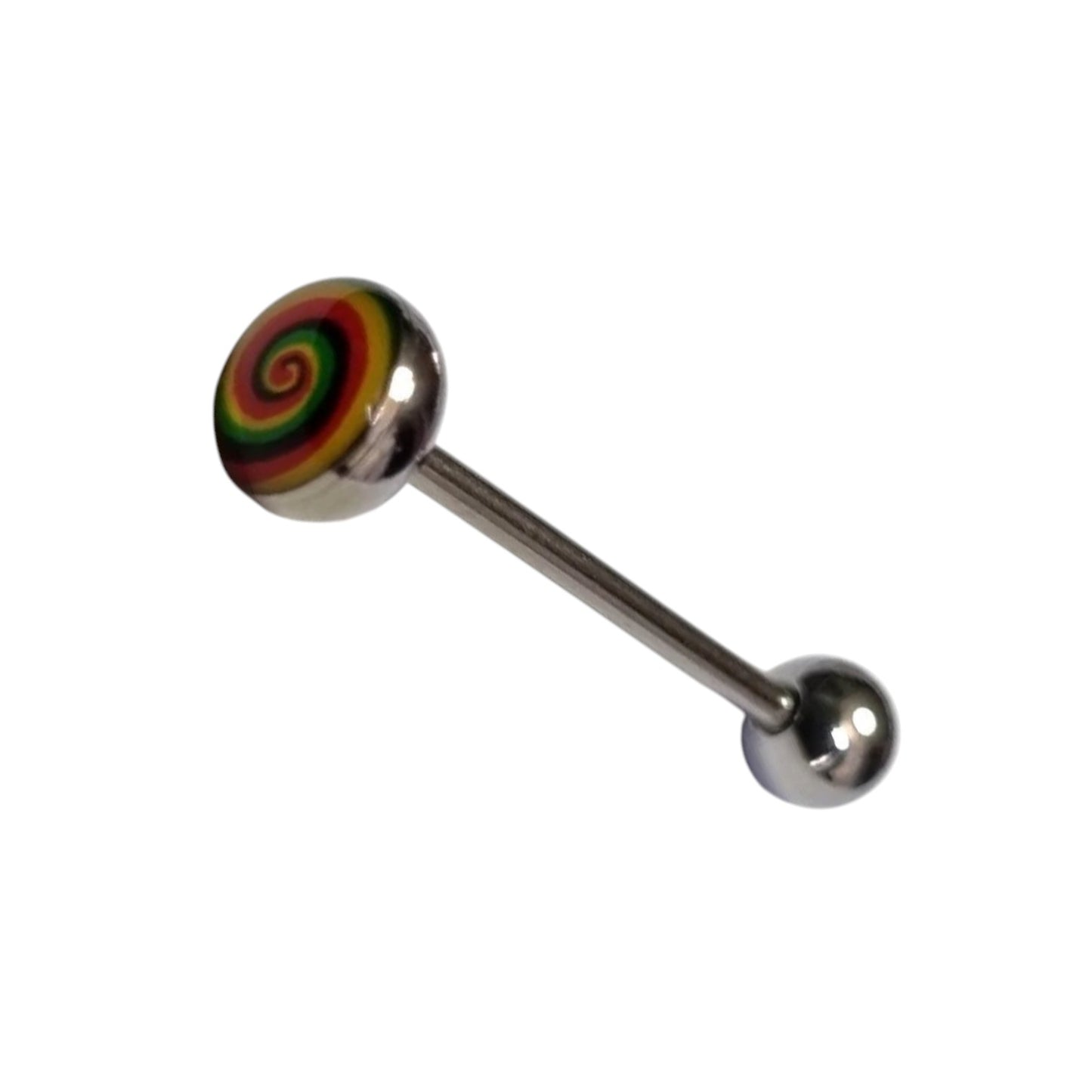 Aramat Jewels stainless steel tongue piercing with a colorful yellow, red, and blue swirl logo on the top ball.