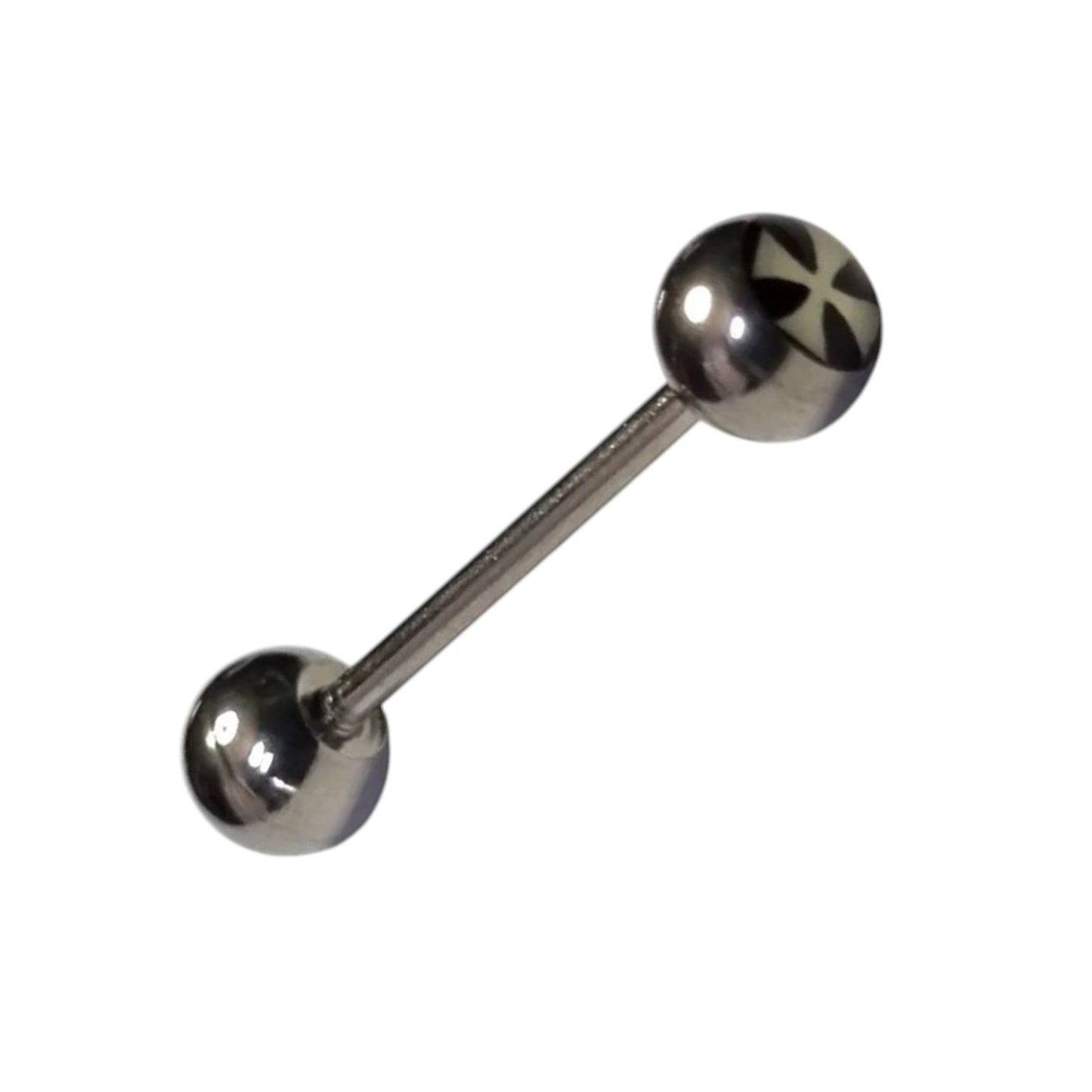 Aramat Jewels® silver steel tongue piercing with a black and white cross logo on the top ball. Made of steel and acrylic.