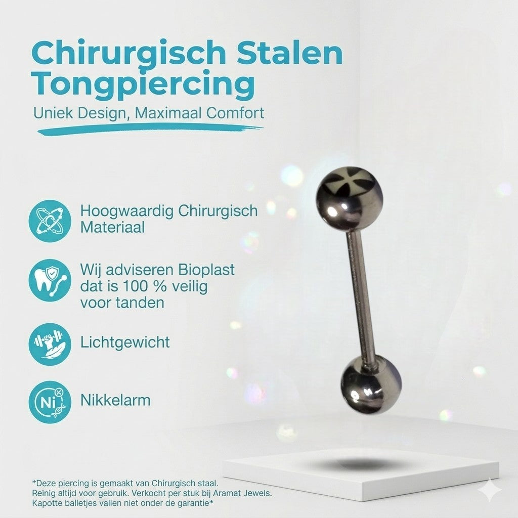 Aramat Jewels silver steel tongue piercing with black and white cross logo on the top ball.