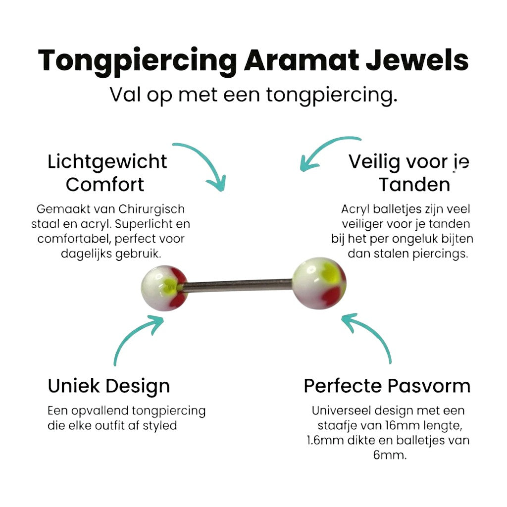 Aramat Jewels steel tongue piercing with white, red, and green acrylic heart-shaped ends.