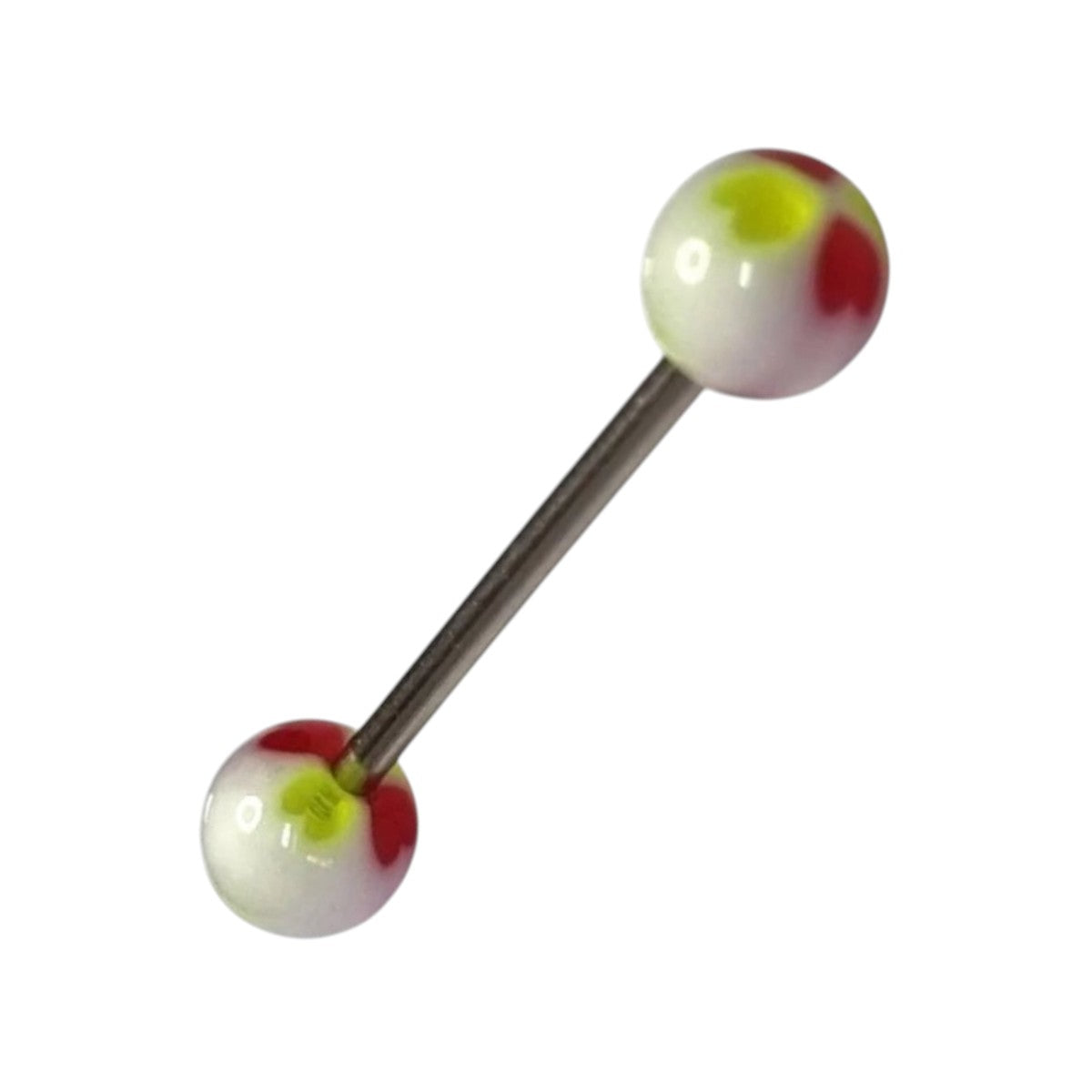 Aramat Jewels steel tongue piercing with acrylic balls featuring red, green, and white heart shapes.