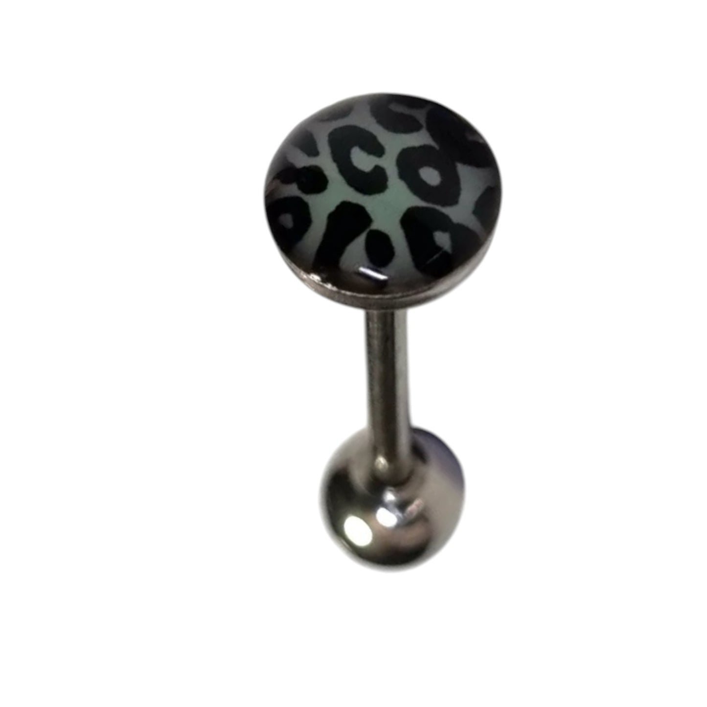 Aramat Jewels steel tongue piercing with black and green leopard print logo.