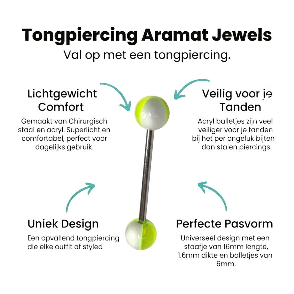 Aramat Jewels steel tongue piercing with white and neon yellow acrylic balls.