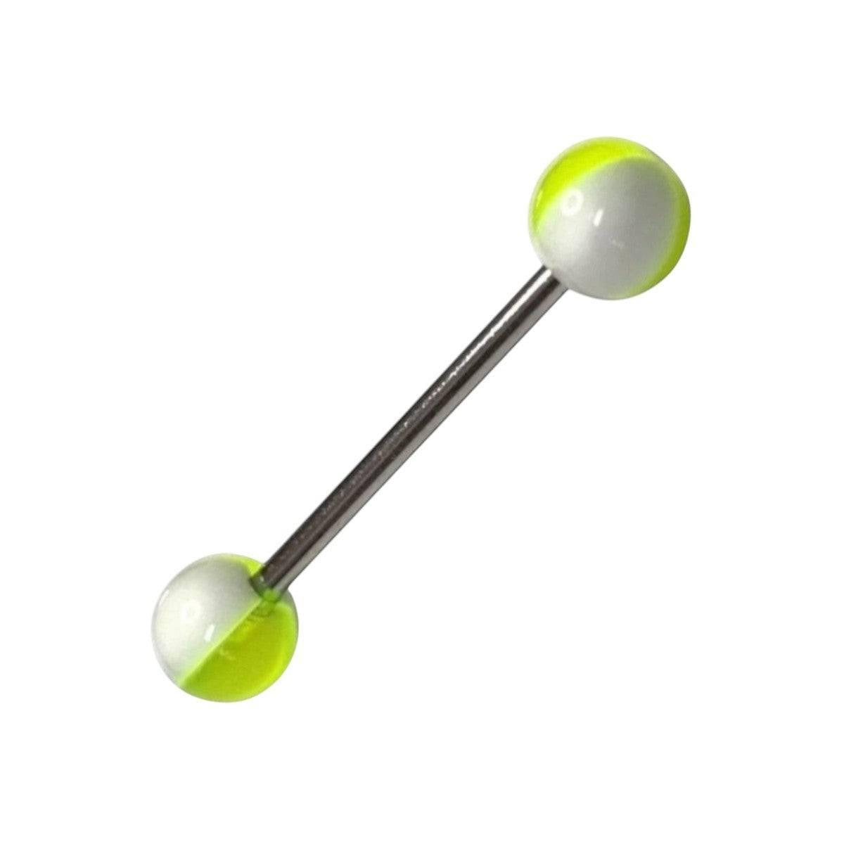 Aramat Jewels steel tongue piercing with white and neon yellow acrylic balls.